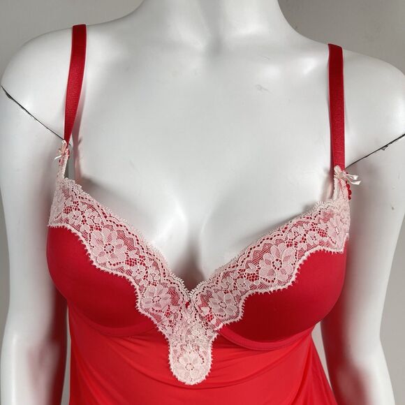 Victoria's Secret Red Padded Underwire 36C Babydoll Chemise Slip Dress Lace Trim - Picture 2 of 15